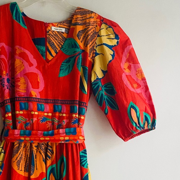 Maude Vivante Floral Midi Dress Small Red Tropical Boho Puff Sleeve Maximalist - Picture 2 of 6